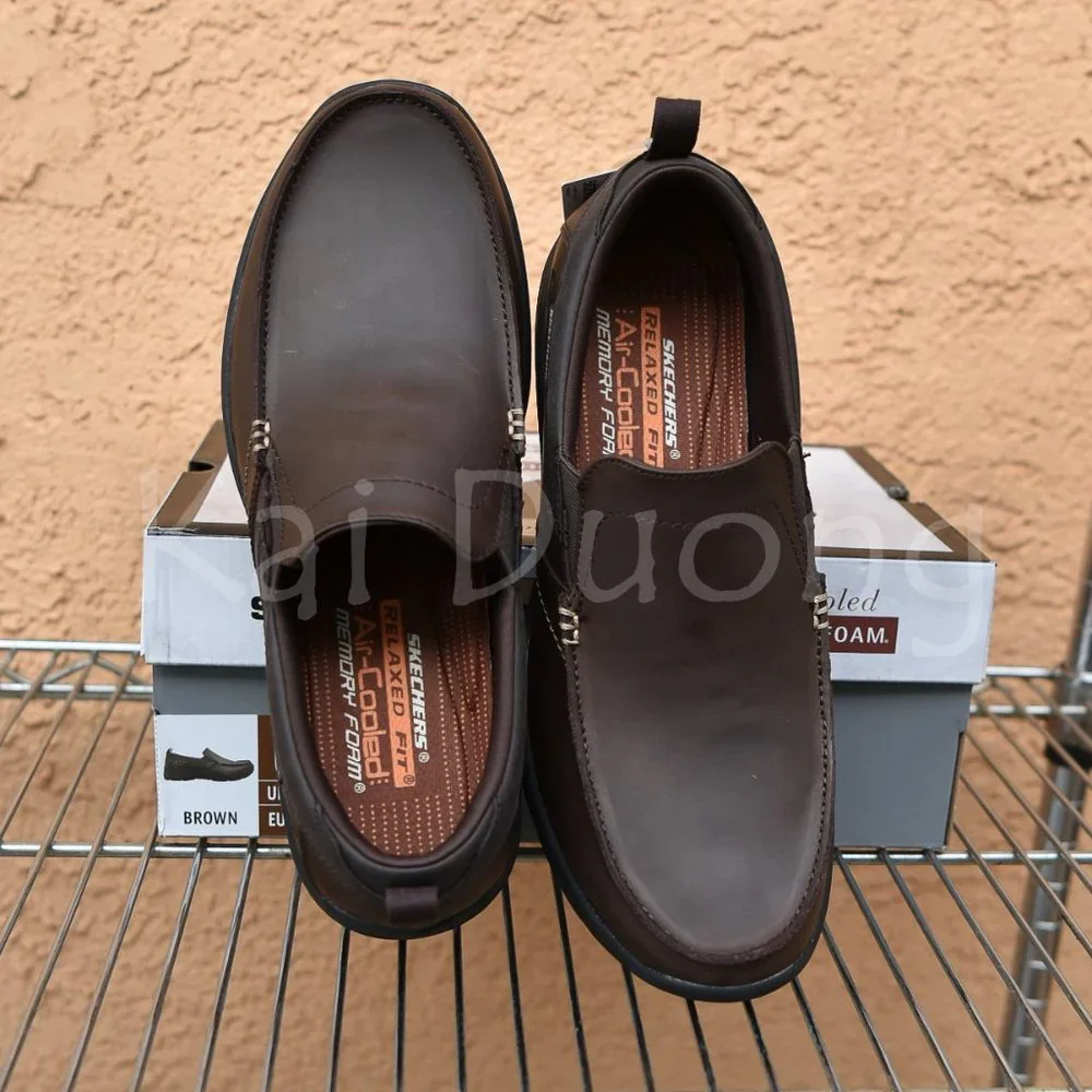 Men Leather Slip-On shoes Skechers relaxed fit Brown , - Picture 1 of 8